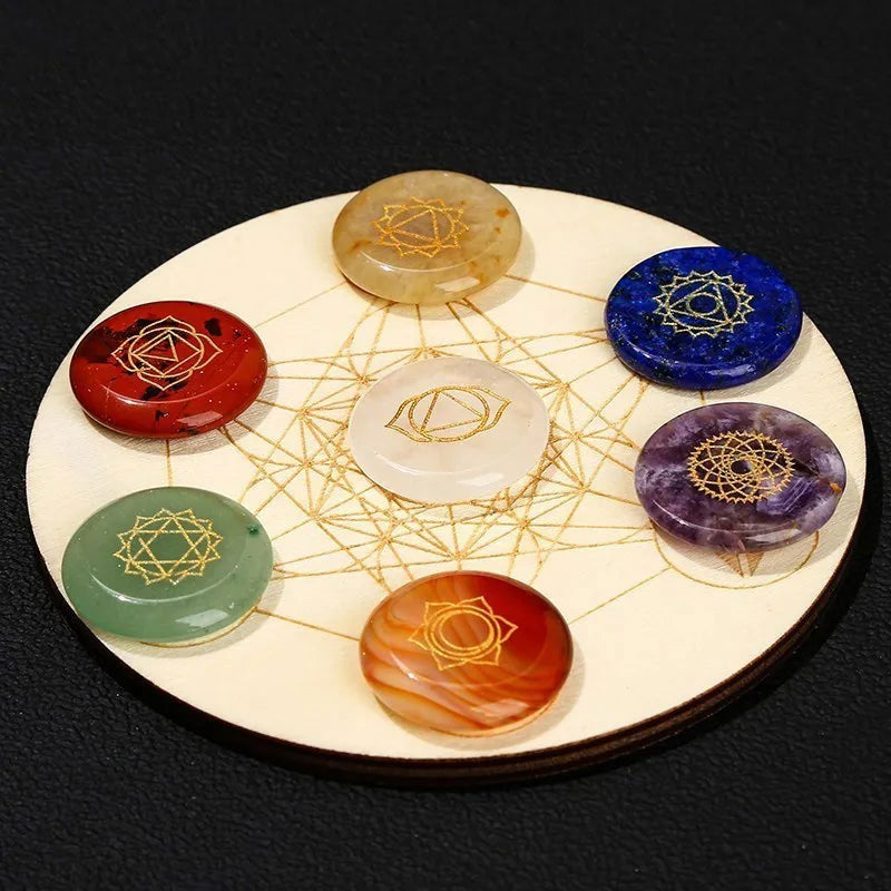 7 Chakra Carved Reiki Symbol Crystal Set with Seven Star Array Wood Plate