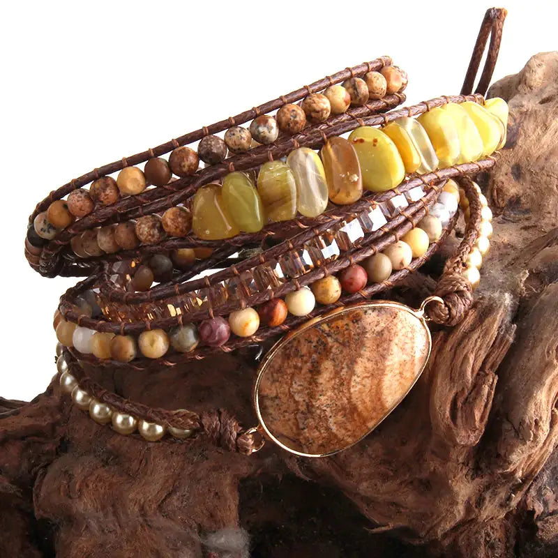 Boho Bracelet Natural Stones Charm 5 Strands Wrap