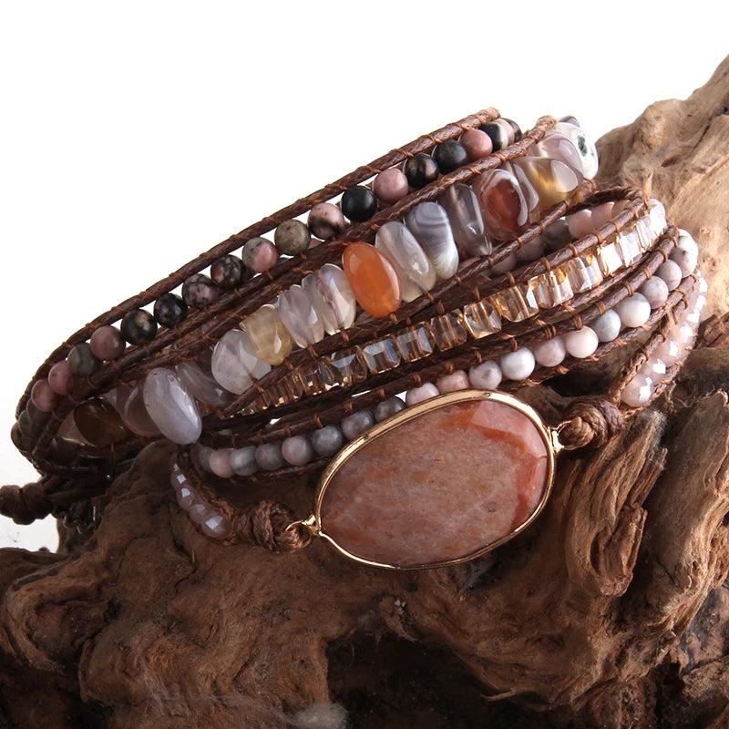 Boho Bracelet Natural Stones Charm 5 Strands Wrap