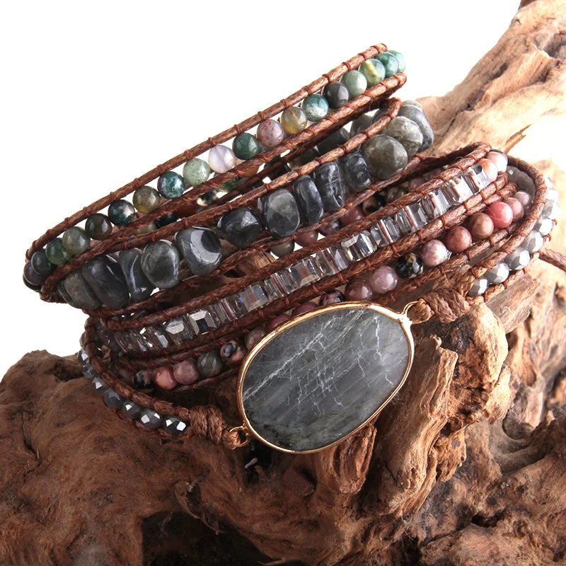 Boho Bracelet Natural Stones Charm 5 Strands Wrap