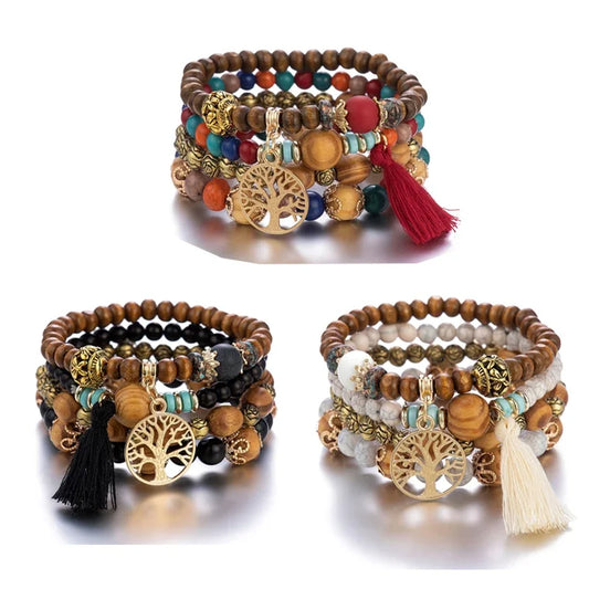 4-Piece Bohemia Tree of Life Charm Beaded Bracelet Set For Women