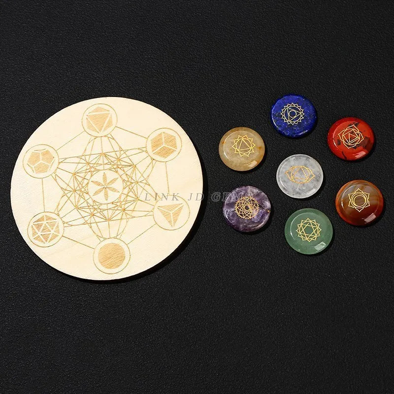 7 Chakra Carved Reiki Symbol Crystal Set with Seven Star Array Wood Plate