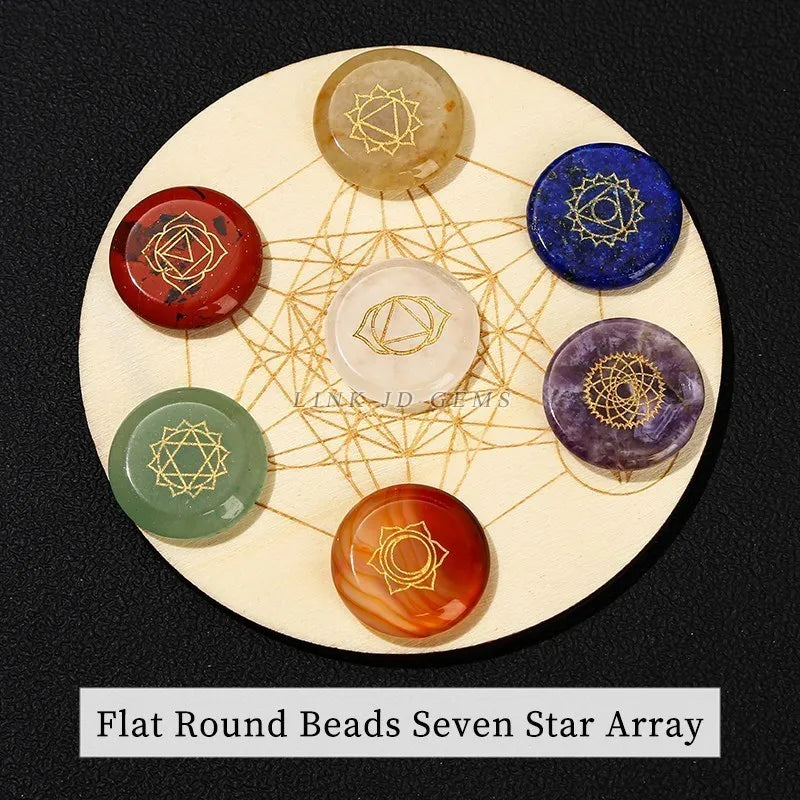 7 Chakra Carved Reiki Symbol Crystal Set with Seven Star Array Wood Plate