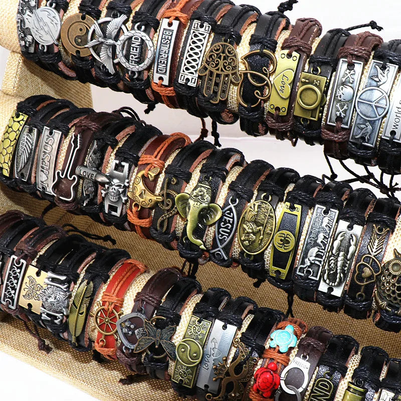 10-Piece Set Vintage Leather Adjustable Bracelets