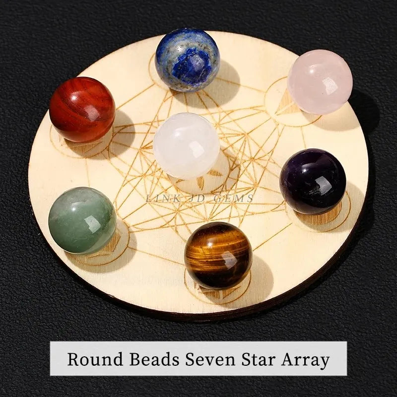 7 Chakra Carved Reiki Symbol Crystal Set with Seven Star Array Wood Plate