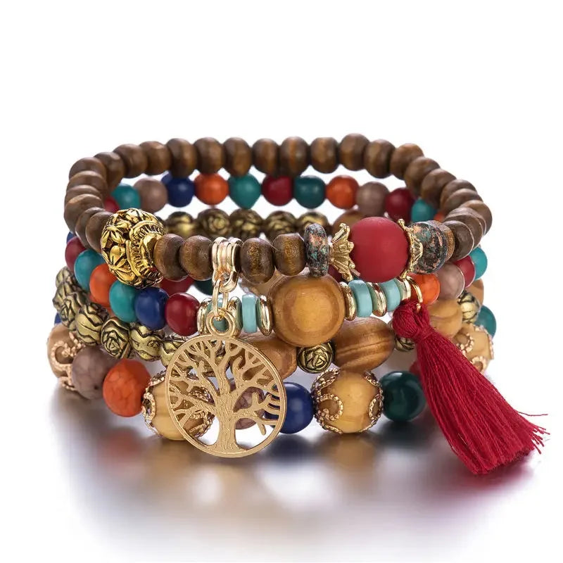 4-Piece Bohemia Tree of Life Charm Beaded Bracelet Set For Women