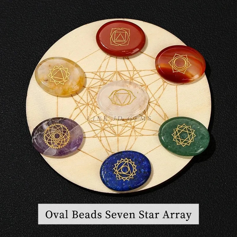 7 Chakra Carved Reiki Symbol Crystal Set with Seven Star Array Wood Plate