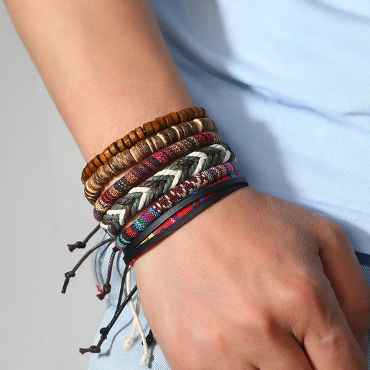 4-Piece Set Braided Wrap Leather Ethnic Tribal Bracelets for Men