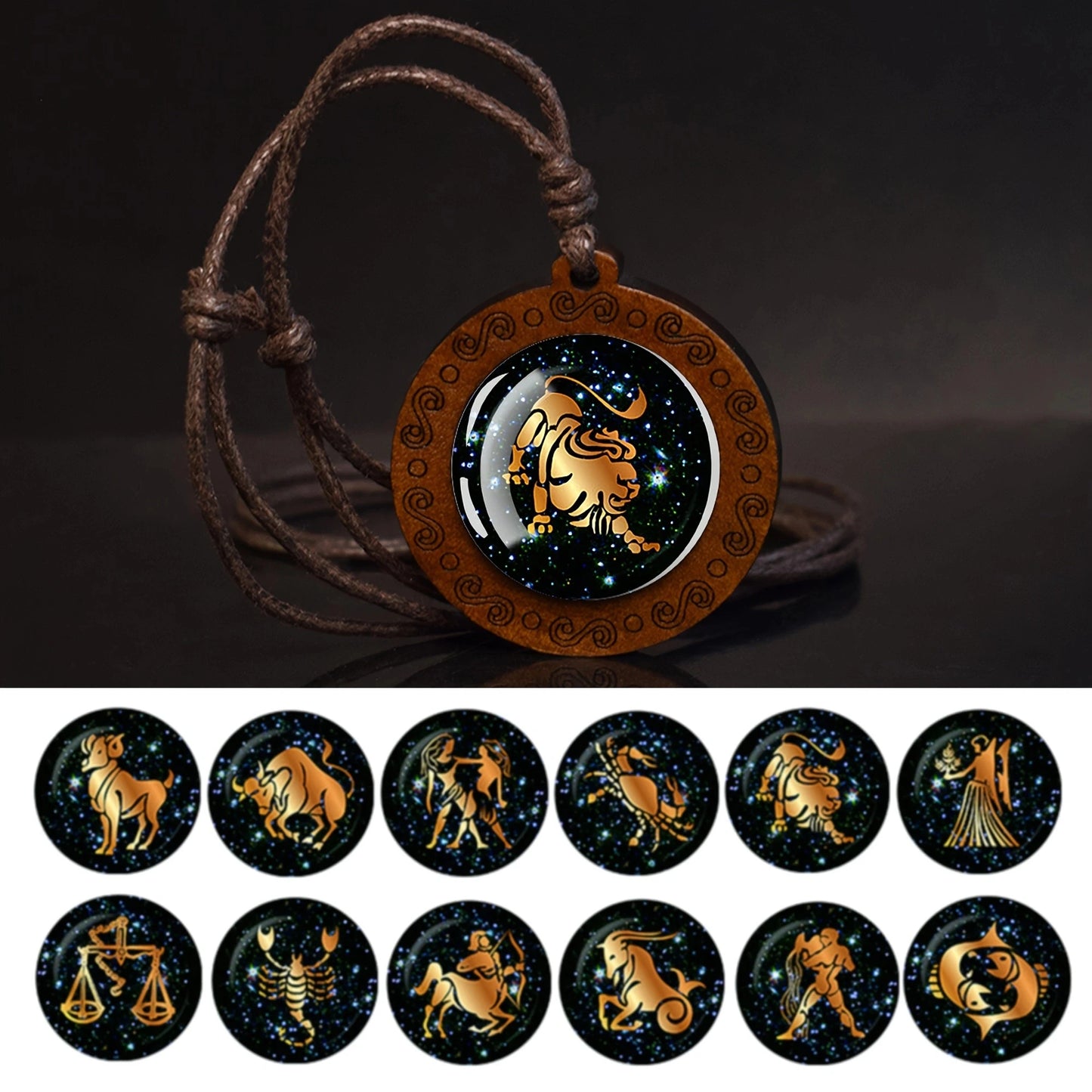 12 Zodiac Signs Rope Chain Wood Necklace